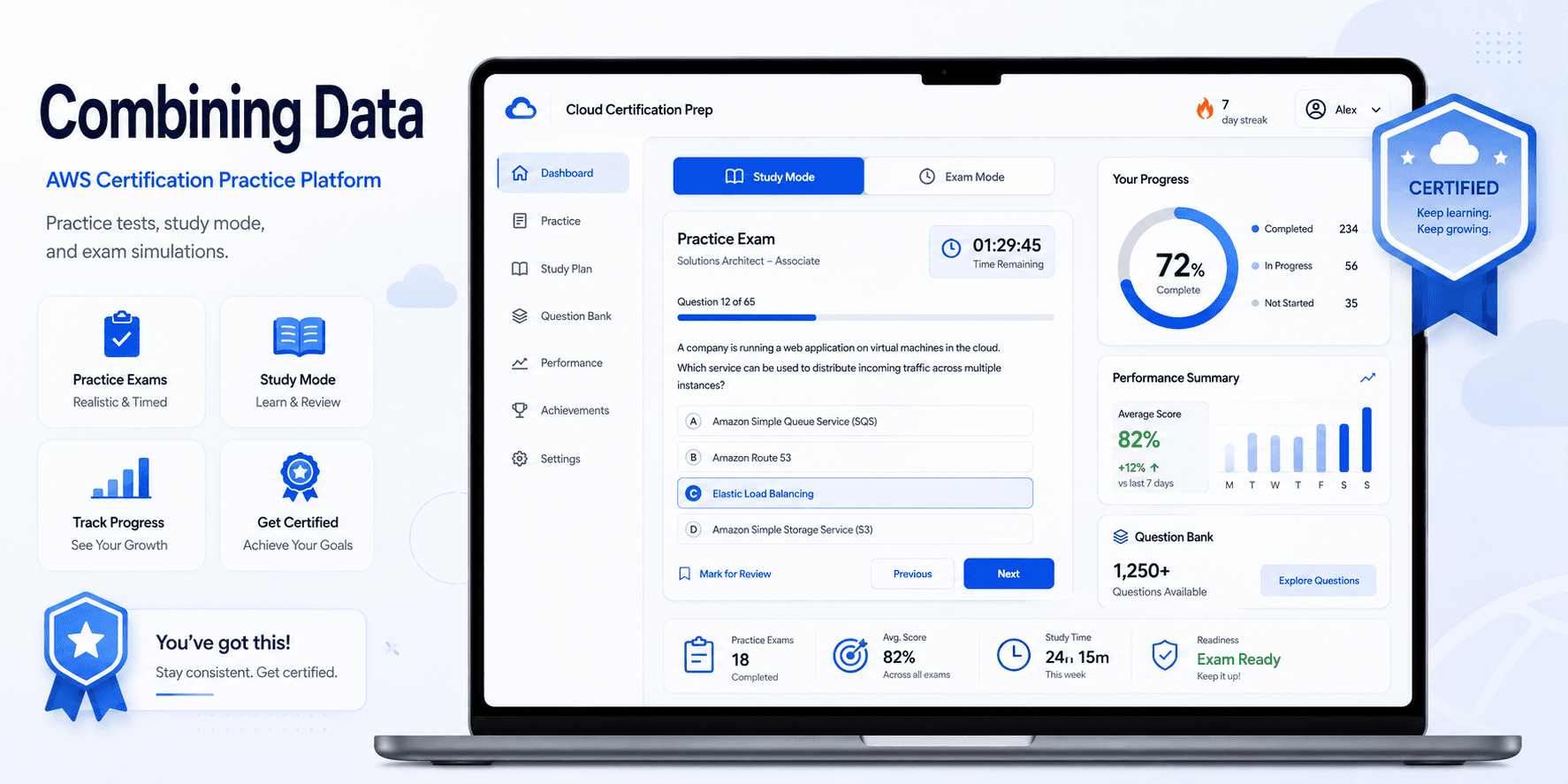 Combining Data AWS certification practice platform dashboard preview
